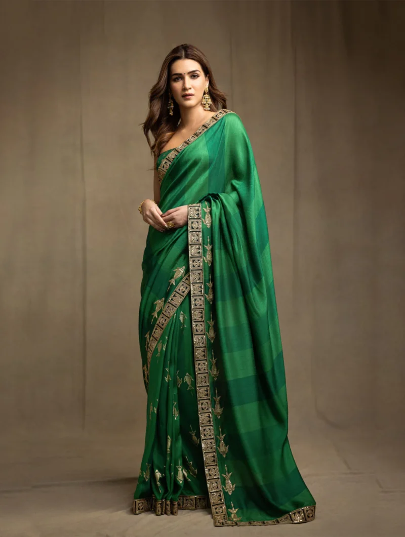 Emerald Green Raw Silk Saree with Foil-Printed Blouse