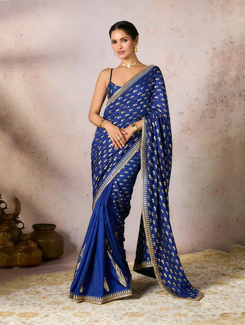 Sapphire Blue Raw Silk Saree with Foil & Embroidered Palla