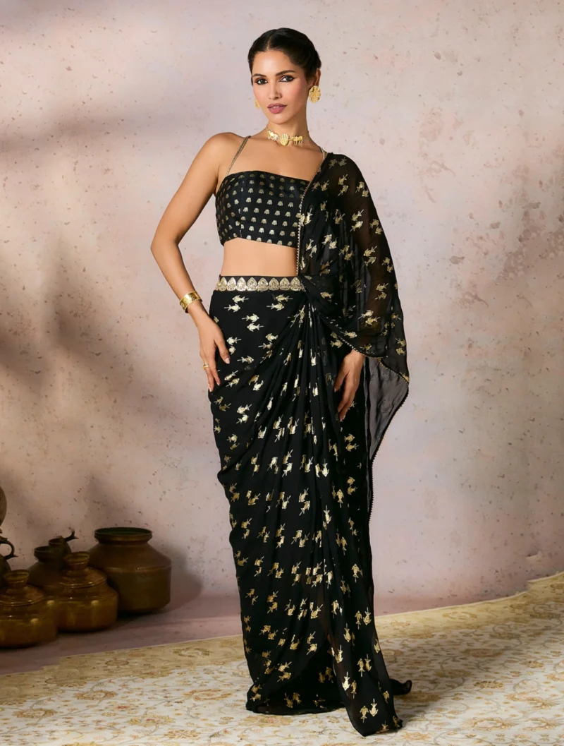 Noir Black Embroidered Raw Silk Saree with Foil Blouse