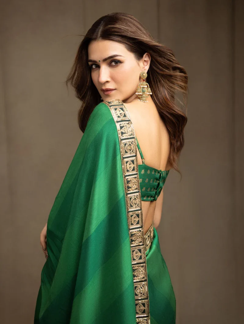 Emerald Green Raw Silk Saree with Foil-Printed Blouse