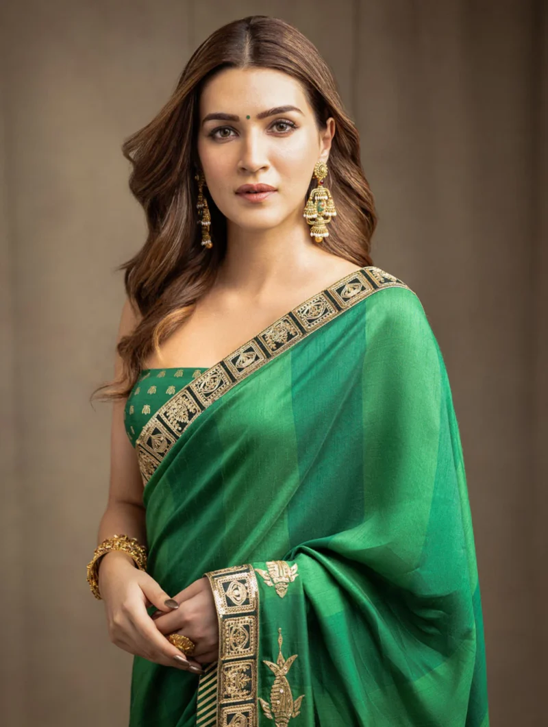 Emerald Green Raw Silk Saree with Foil-Printed Blouse
