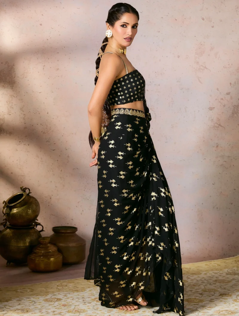 Noir Black Embroidered Raw Silk Saree with Foil Blouse