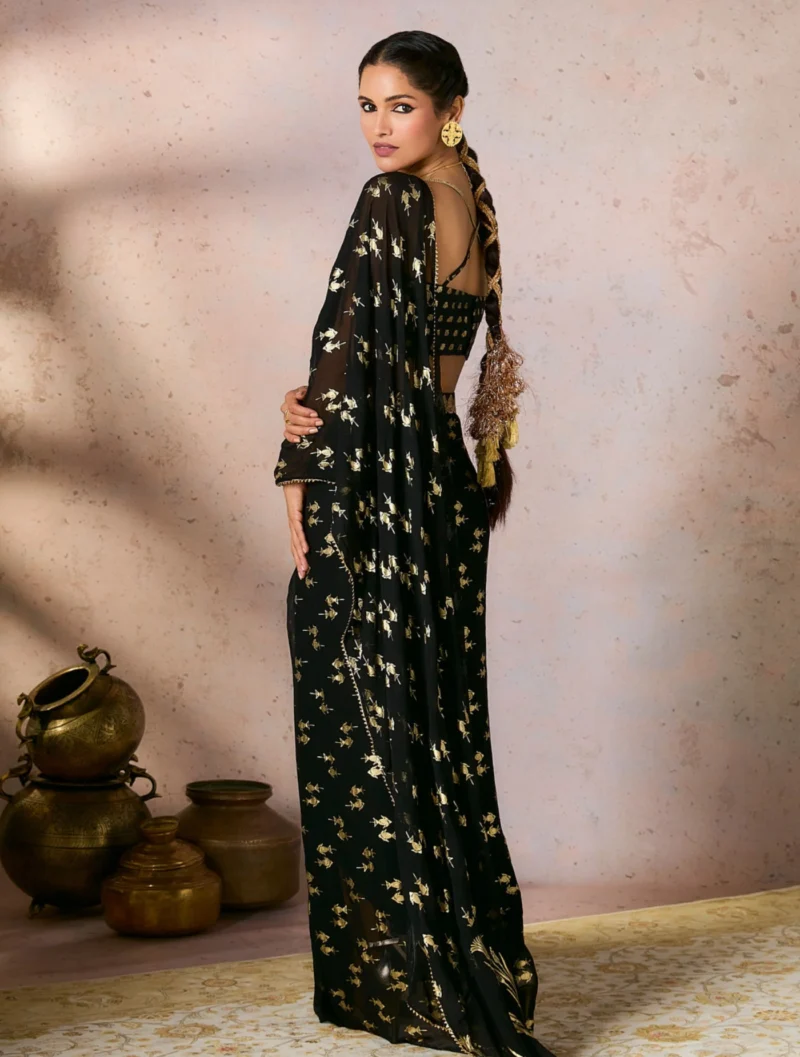 Noir Black Embroidered Raw Silk Saree with Foil Blouse