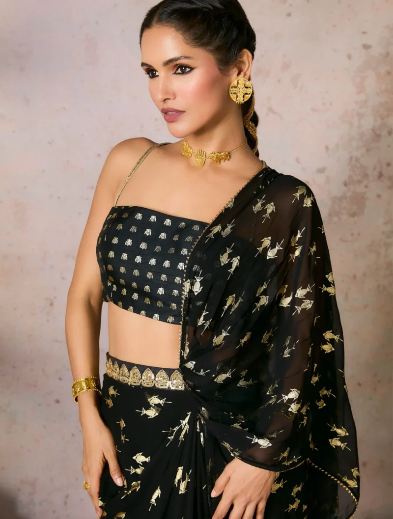 Noir Black Embroidered Raw Silk Saree with Foil Blouse