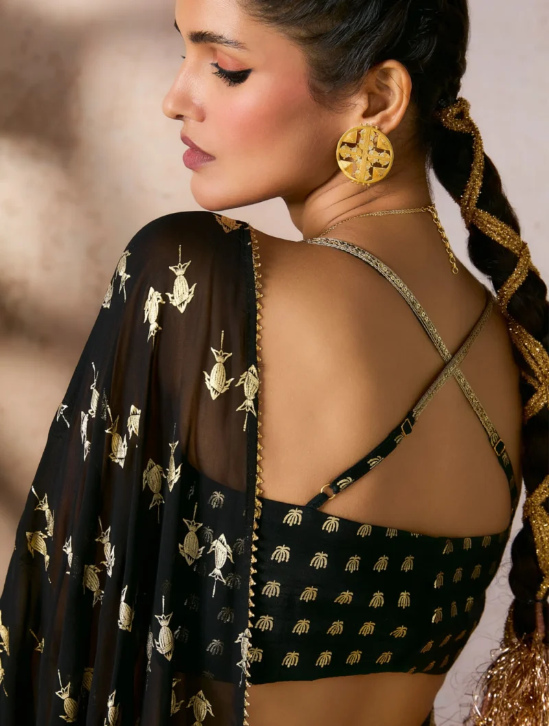 Noir Black Embroidered Raw Silk Saree with Foil Blouse